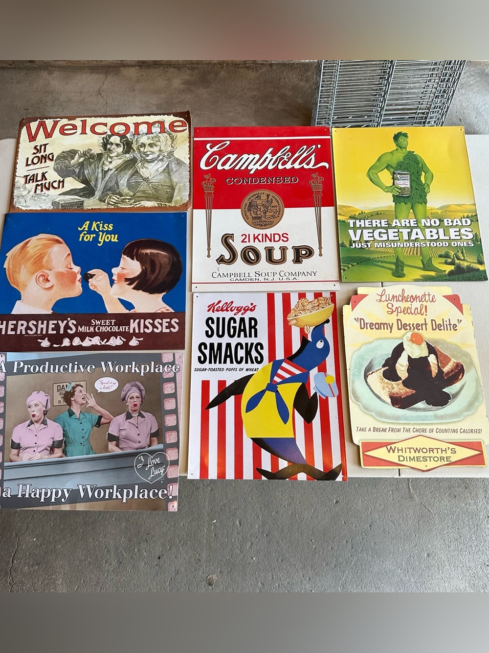 Vintage Style Retro Metal Tin Signs Lot Campbell’s Hershey’s I love Lucy decor